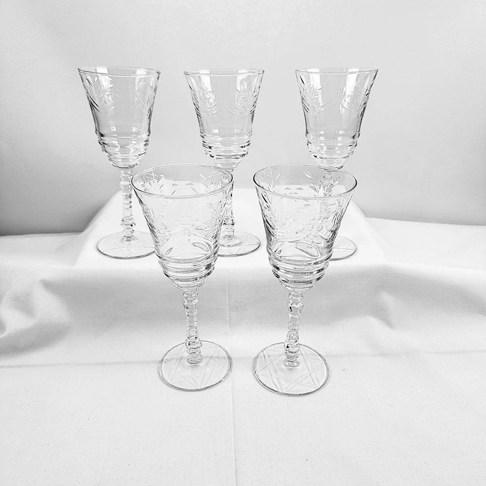 5 Rock Sharpe‎ Arctic Rose Water Goblets Crystal Blown Glass Discontinued